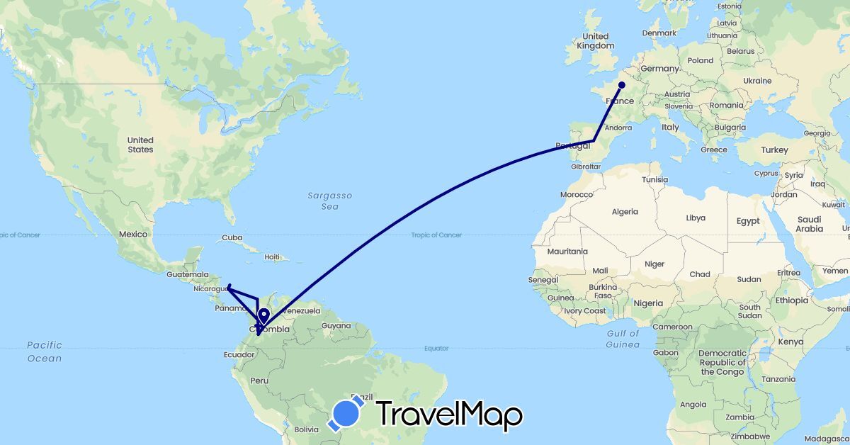 TravelMap itinerary: driving in Colombia, Spain, France (Europe, South America)