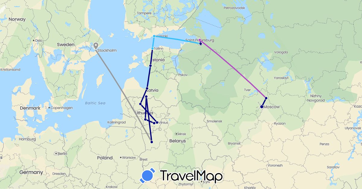 TravelMap itinerary: driving, plane, train, boat in Belarus, Estonia, Finland, Lithuania, Latvia, Russia, Sweden (Europe)